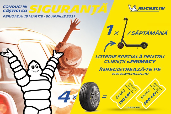 Cumpără 4 anvelope Michelin de vară sau CrossClimate în perioada campaniei și înregistrează-te pentru a primi un voucher eMag!